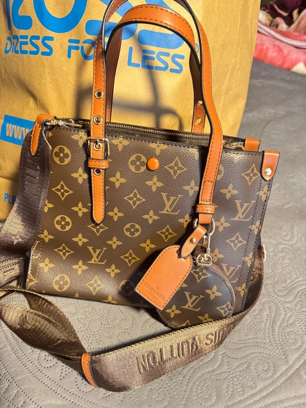 Handbag Monogram Canvas Brown & Tan Shoulder Bag with Leather Trim